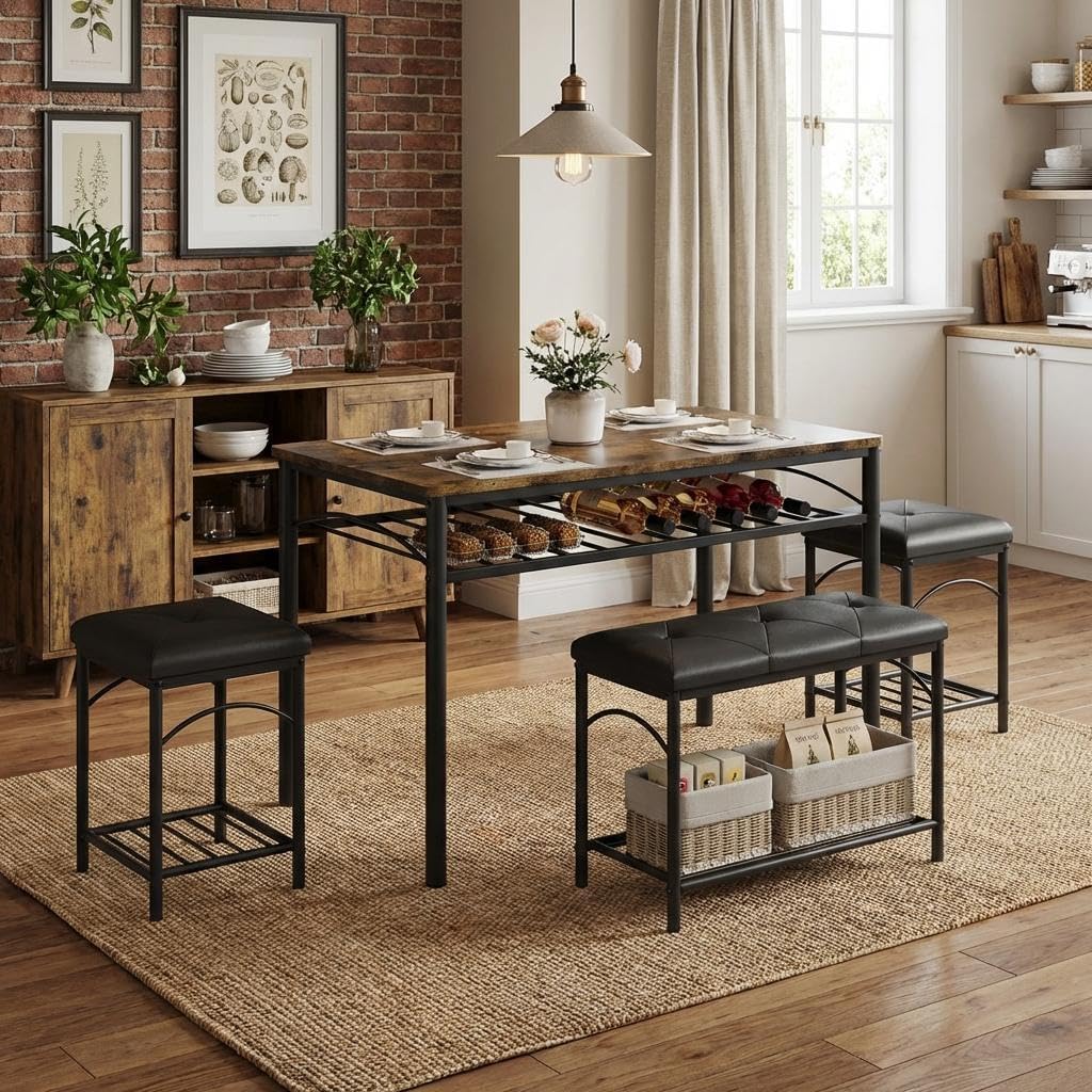 GAOMON Dining Table Set for 4, Particle Board Construction with Upholstered Bench and 2 Stools, Soft Backless Seating Design, Perfect for Small Spaces and Compact Kitchens