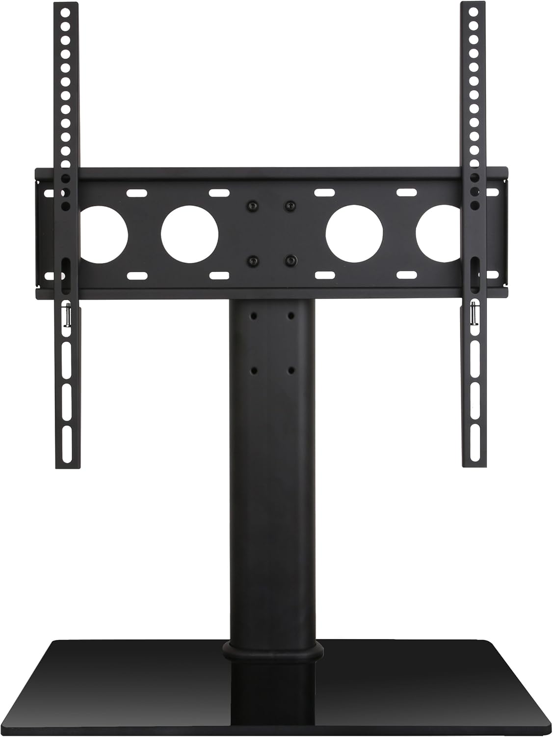 Devant view of the assembled Ergosolid Castor 2 TV Table Stand with a television mounted.
