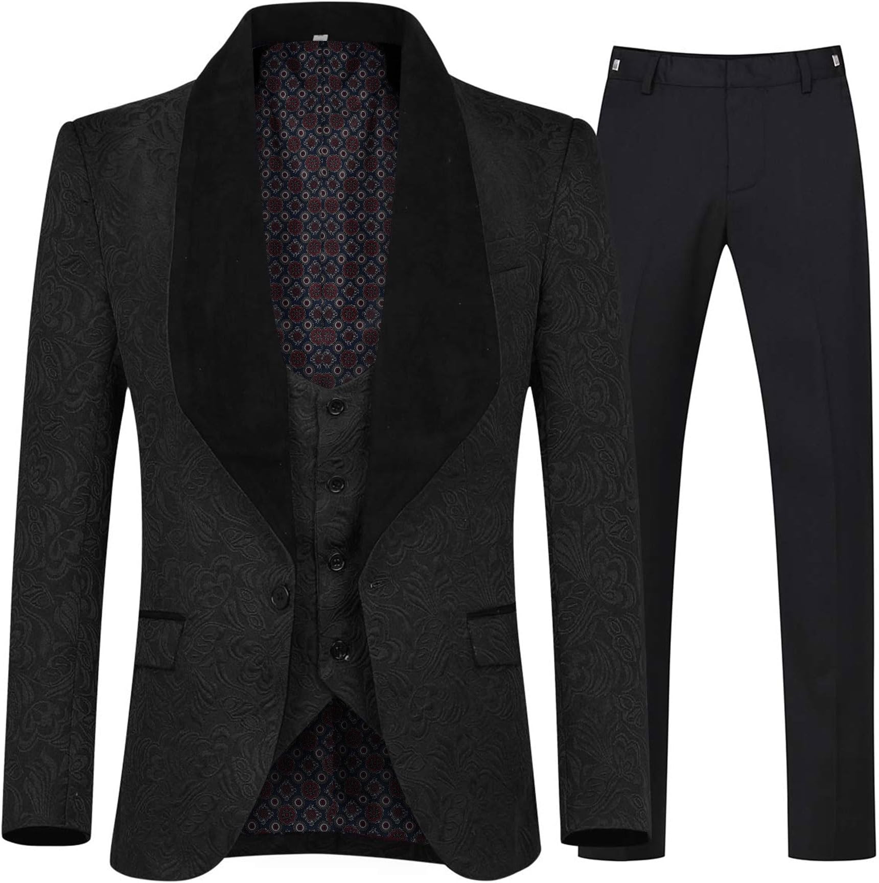 Men's 3 Piece Suit Slim Fit Jacquard Tuxedo 1 Button Blazer