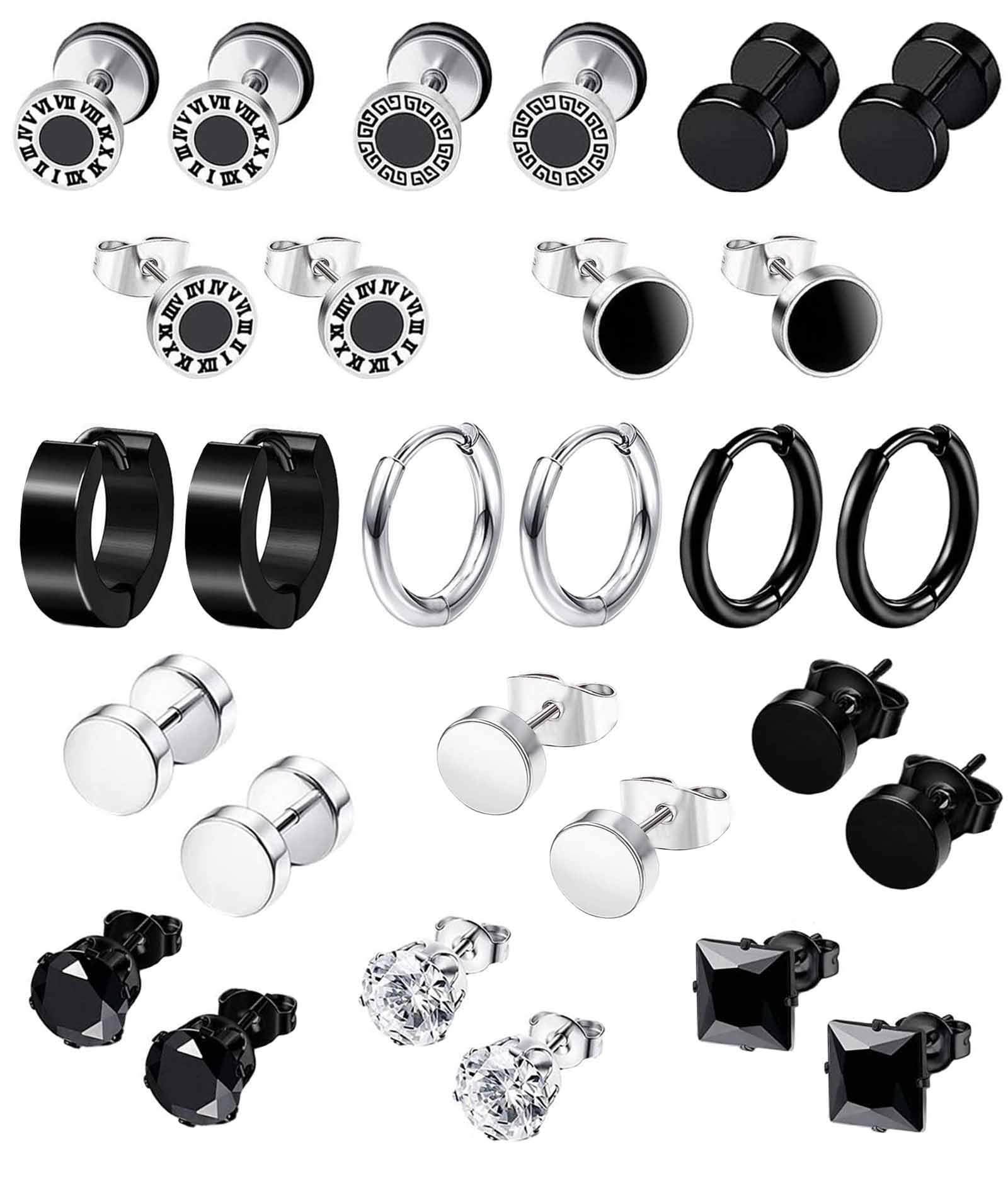 VELESAY 14 Pares Pendientes Hombre Acero Inoxidable Pendientes de Aro Negros Pendientes Barbell Aretes Kpop Stud Pendientes Plata Redondos Circonita Pendientes para Hombres y Mujeres