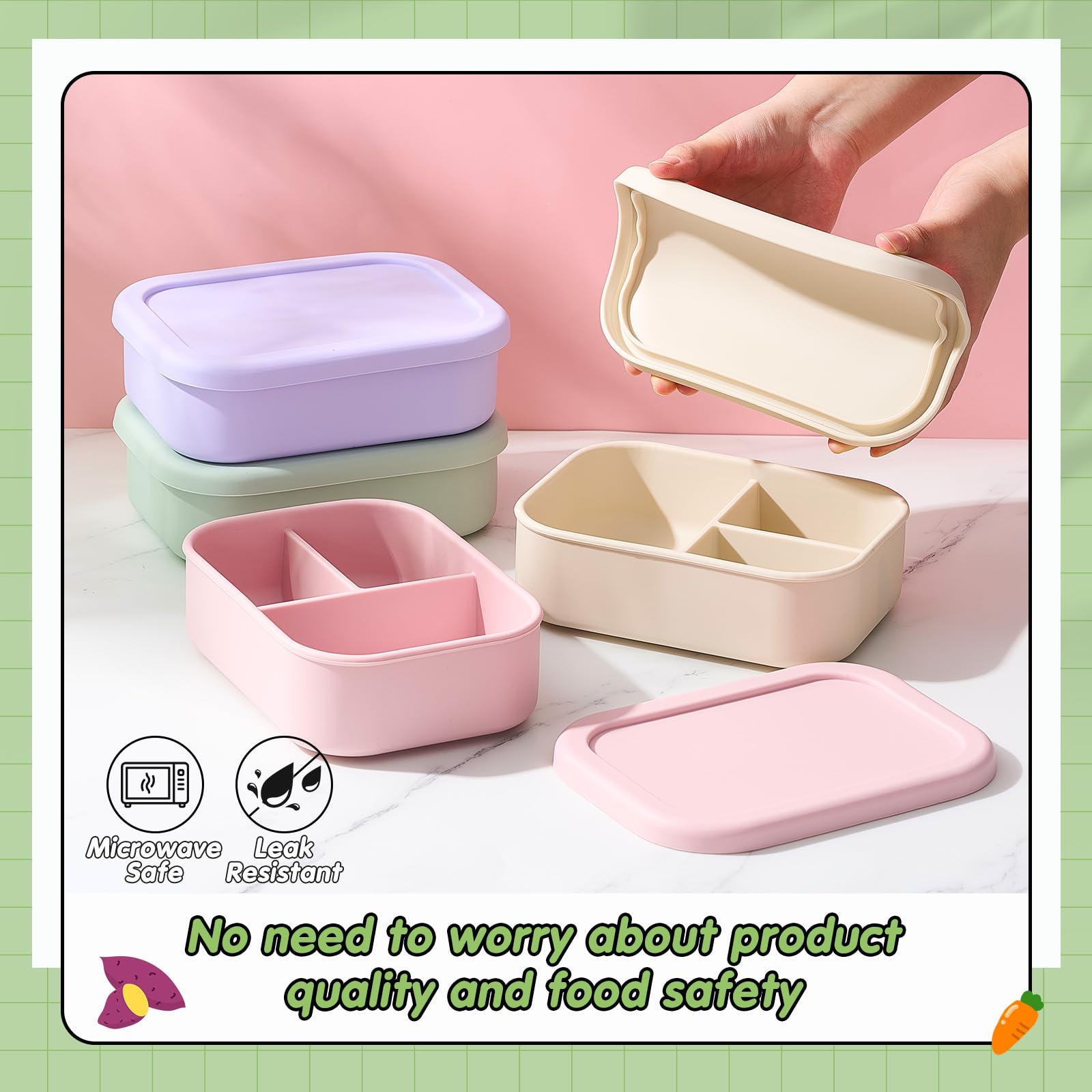 Boîte à bento en silicone – Récipient à déjeuner réutilisable, 2 compartiments, passe au micro-ondes, au lave-vaisselle, au congélateur – Parfait pour les adultes, préparation des repas respectueuse
