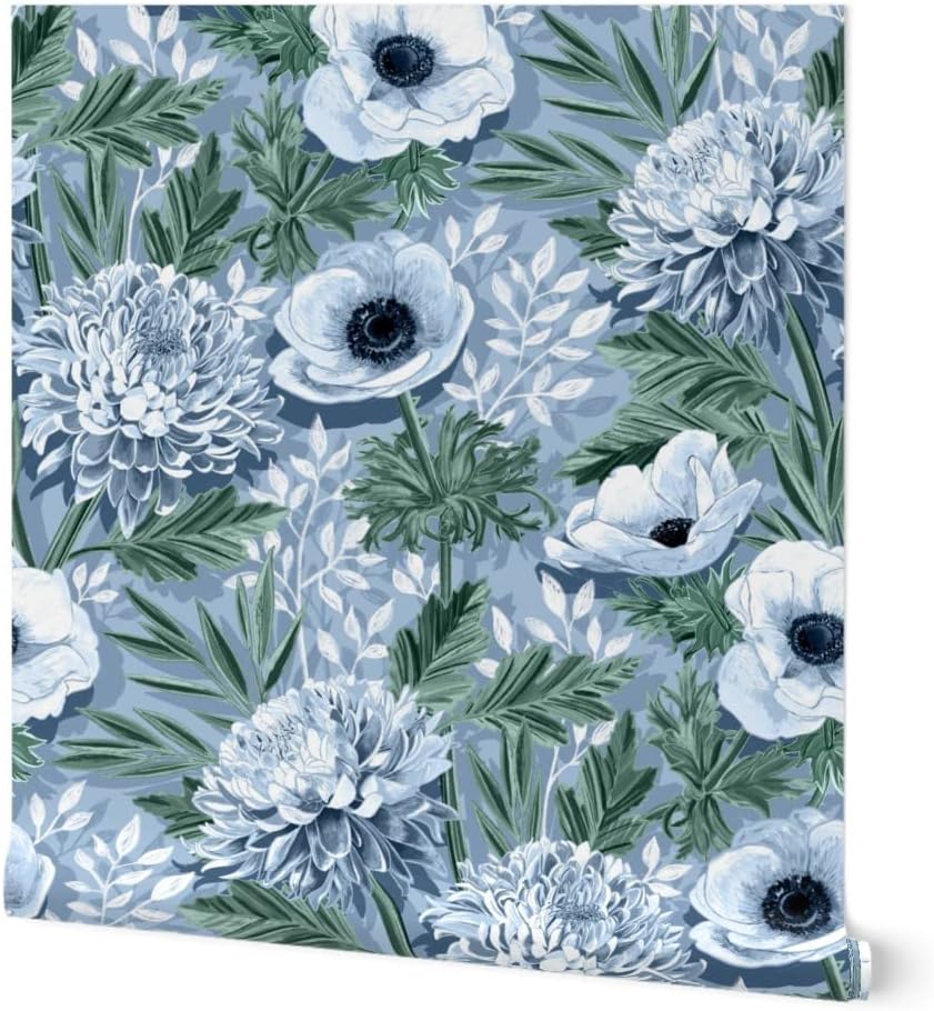 Removable Wallpaper Swatch - Mums Green Blue Spring Florals Nature Flowers Custom Pre-Pasted Wallpaper by Spoonflower
