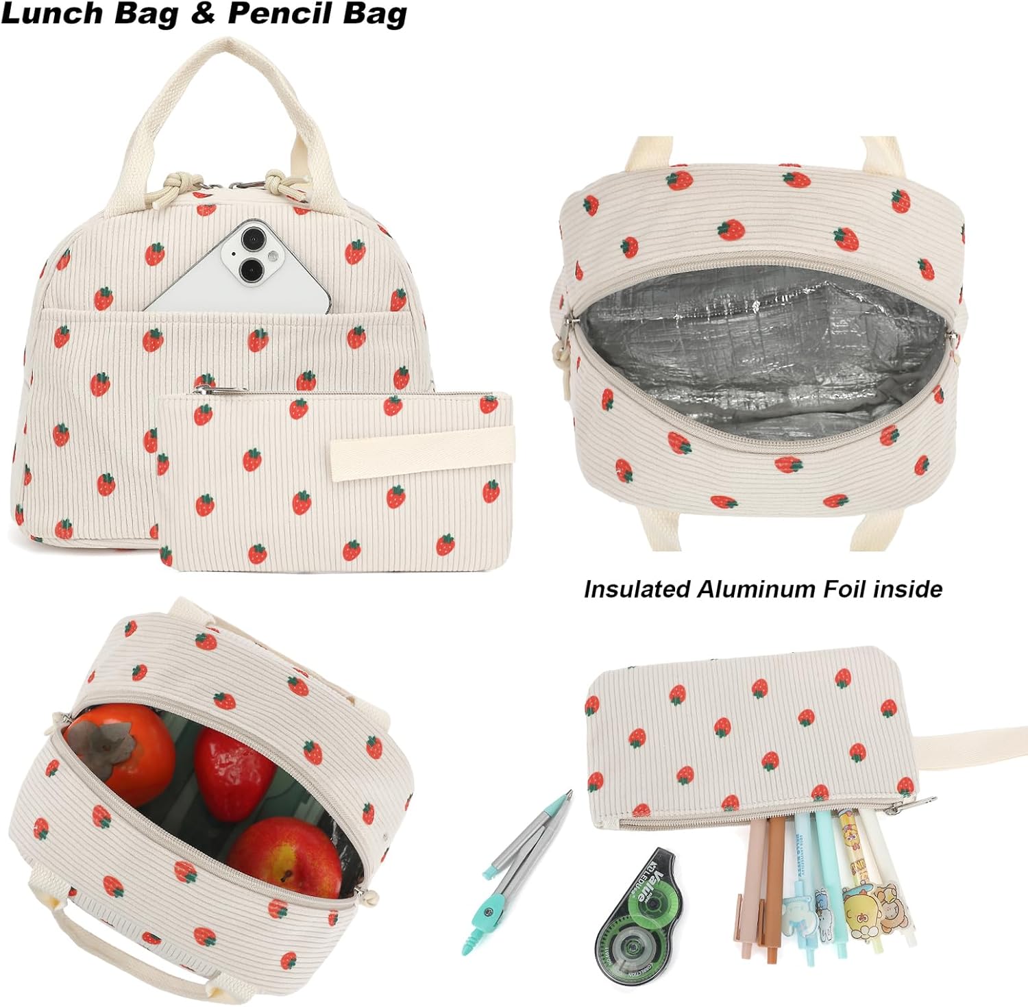 Corduroy Girls Backpack Set, 3PCS School Backpacks for Kids Elementary Middle School Bags with Lunch Box Pencil Case (Beige Corduroy Strawberry) - Image 4