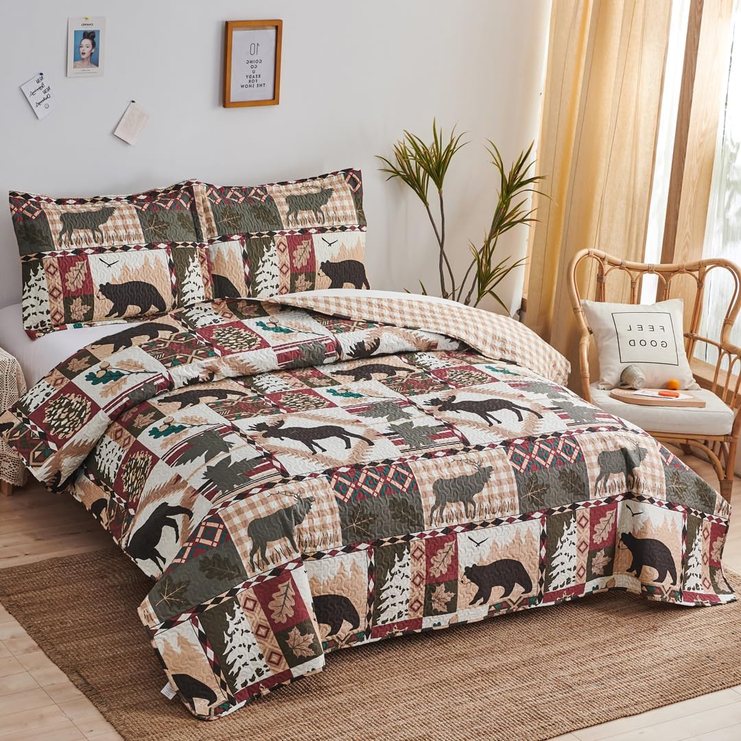 Oliven 3 Pcs Reversible Rustic Quilt Set King Size Moose Bear Bedspread Lodge Bedding Plaid Themed Cabin Coverlet Wildlife Forest Daybed Cover Summer Lightweight Bed Cover Pillow Shams