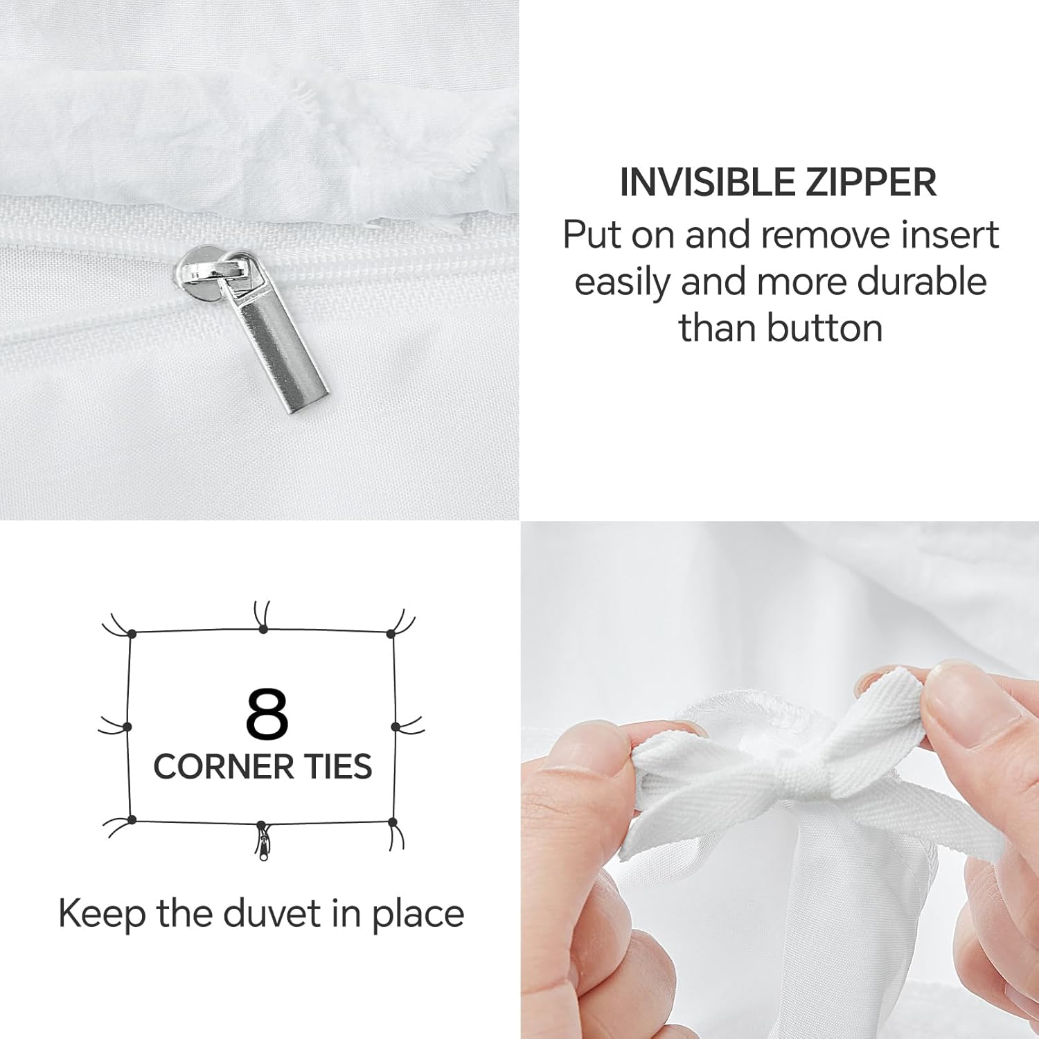 Boho Duvet Cover Queen Size - Textured Bedding Set for All Seasons, Tufted With Zipper Closure, 3 Pcs, 1 Cover & 2 Pillowcases (White)