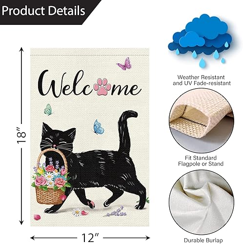 Miniatura 4 de Louise Maelys Bandera de bienvenida de primavera para jardín, 12 x 18 pulgadas, arpillera de doble cara, pequeña vertical con gato negro floral para