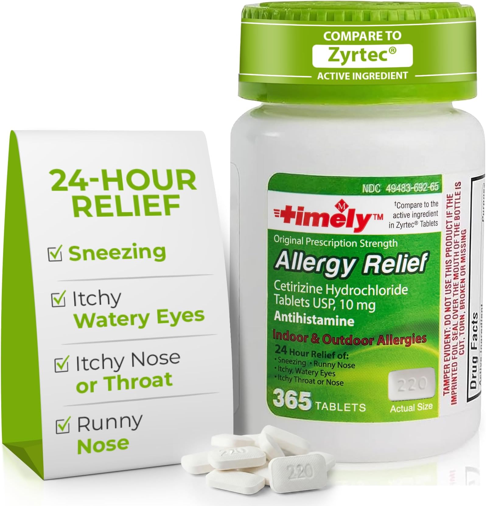 TIME-Cap Labs 365 Tablets Cetirizine HCl 10mg Allergy Relief - Antihistamine for Adults & Children Age 6+, Helps Relieve Sneezing, Runny Nose, Itchy Watery Eyes & Itchy Throat