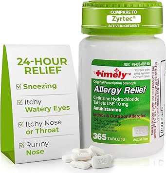 TIME-CAP LABS, INC. Timely Cetirizine HCl 10 Mg 365 Tablets - Compared to Zyrtec Active Ingredient Tablets 24 Hour Allergy Relief from Sneezing, Runny Nose, Itchy Watery Eyes, Itchy Throat or Nose