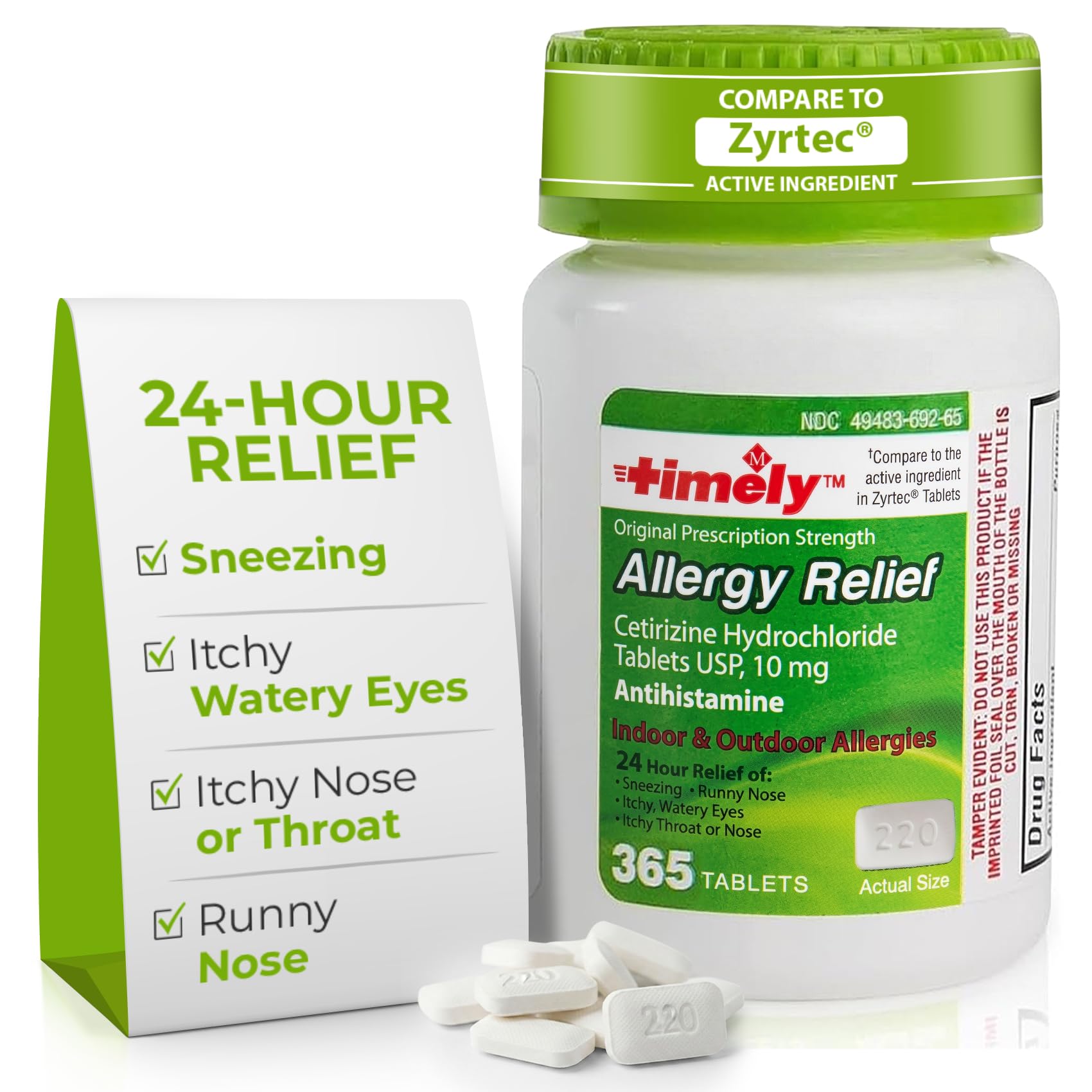 TIME-Cap Labs 365 Tablets Cetirizine HCl 10mg Allergy Relief - Antihistamine for Adults & Children Age 6+, Helps Relieve Sneezing, Runny Nose, Itchy Watery Eyes & Itchy Throat