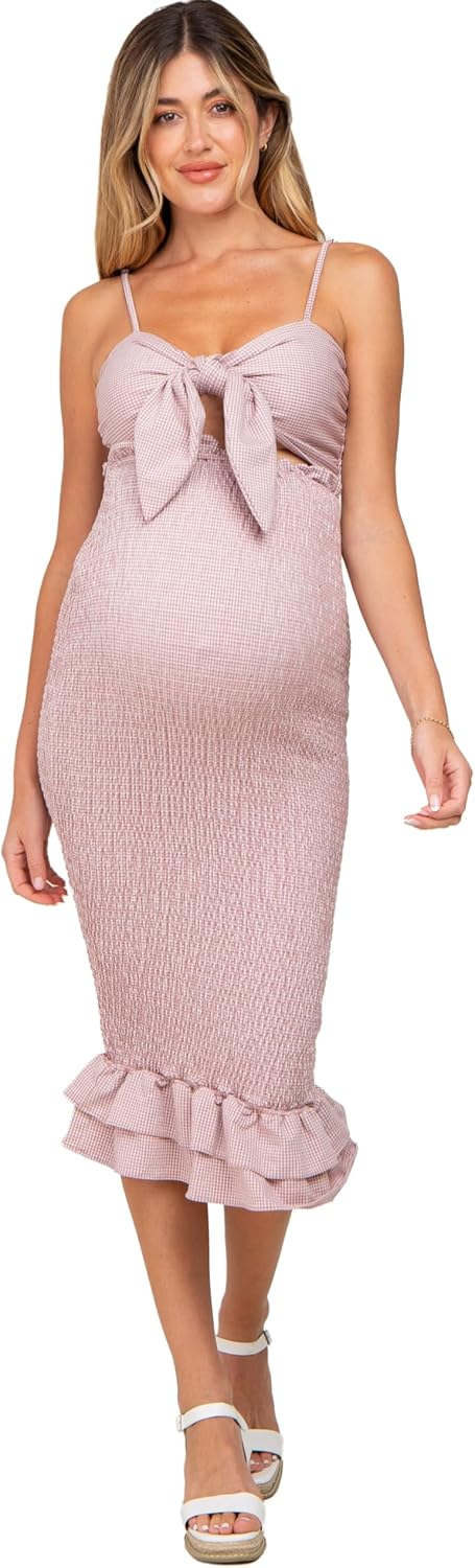 PinkBlush Gingham Print Smocked Fitted Self-Tie Maternity Midi Dress