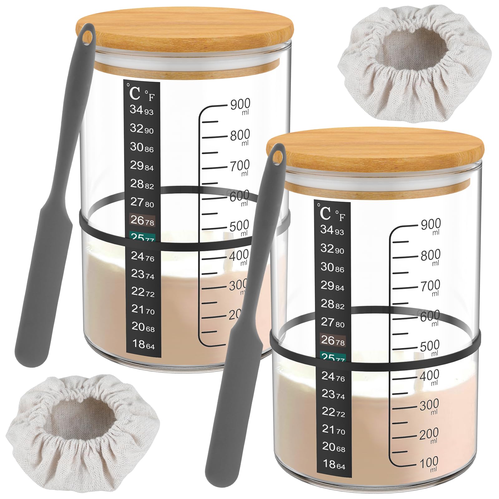 Bpyhebe 2 Pack 900ml Sourdough Starter Jar Glass Fermentation Jars with Thermometer Band Cloth Cover Silicone Spatula Baking Supplies