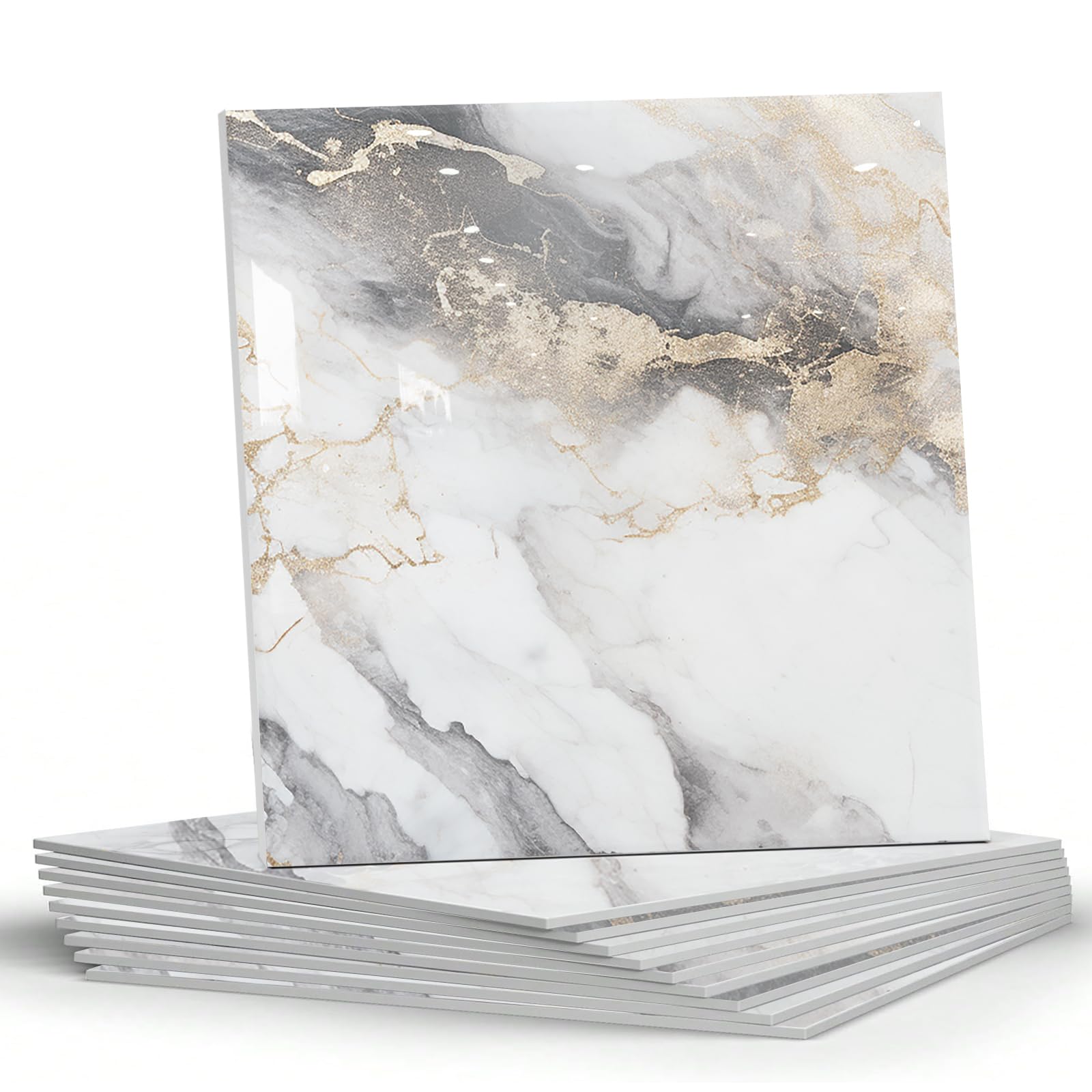 10 Sheet Wall Tiles Stickers PET Marble Peel and Stick Backsplash Glossy Self Adhesive Tile for Bathroom Kitchen 12"x12"