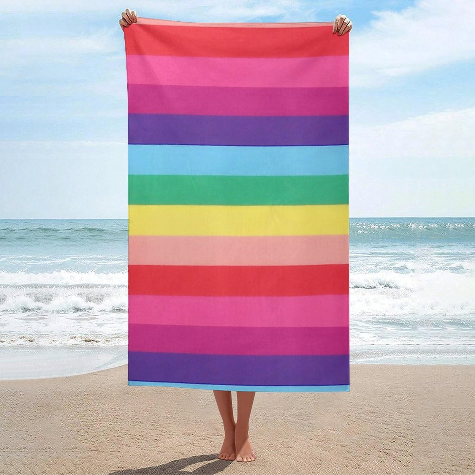 LEDFCVSU Beach Towel, Rainbow Colored Horizontal Striped Lines Bath Towel, Absorbent Towel for Swimming, Sports, Travel