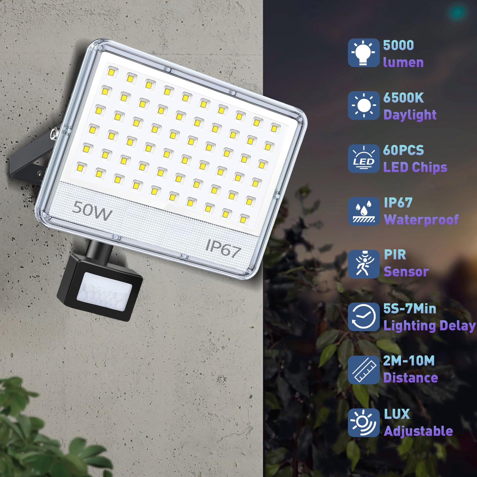 LED-Außenstrahler mit Detektor, 2 Stück, 50 W, 5000 lm, LED-Spot für den Außenbereich, mit Detektor, IP67, wasserdicht, Außenstrahler, 6500 K, Sicherheitsleuchte für Garten, Garage, Patio