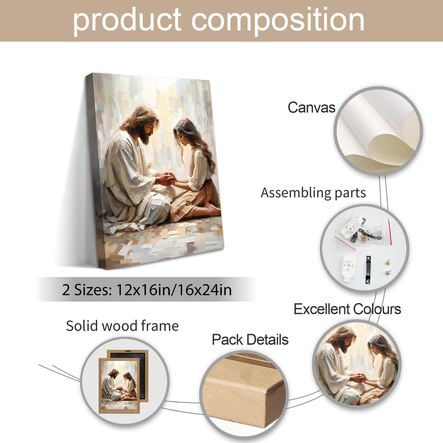 jesus christ 3d textured wall art, christian sandstone wall decor painting, jesus and gril praying pictures for church prayer room living room bedroom home decor 12x16in framed