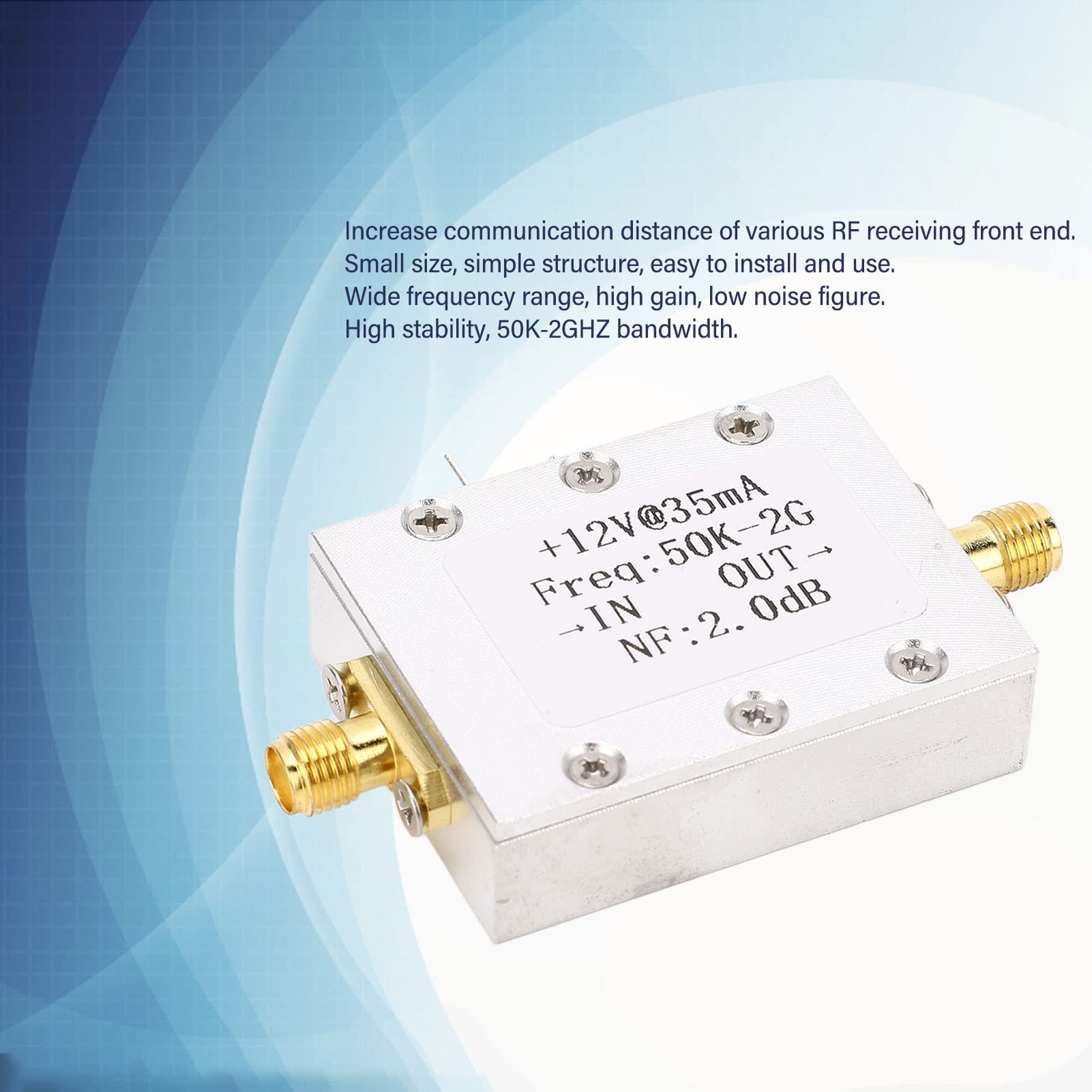 Amplificatore a banda ultra larga, gamma di frequenza 50KHz 2GHz, guadagno 31dB, basso rumore 2dB, design compatto per RF, TV, telecomando