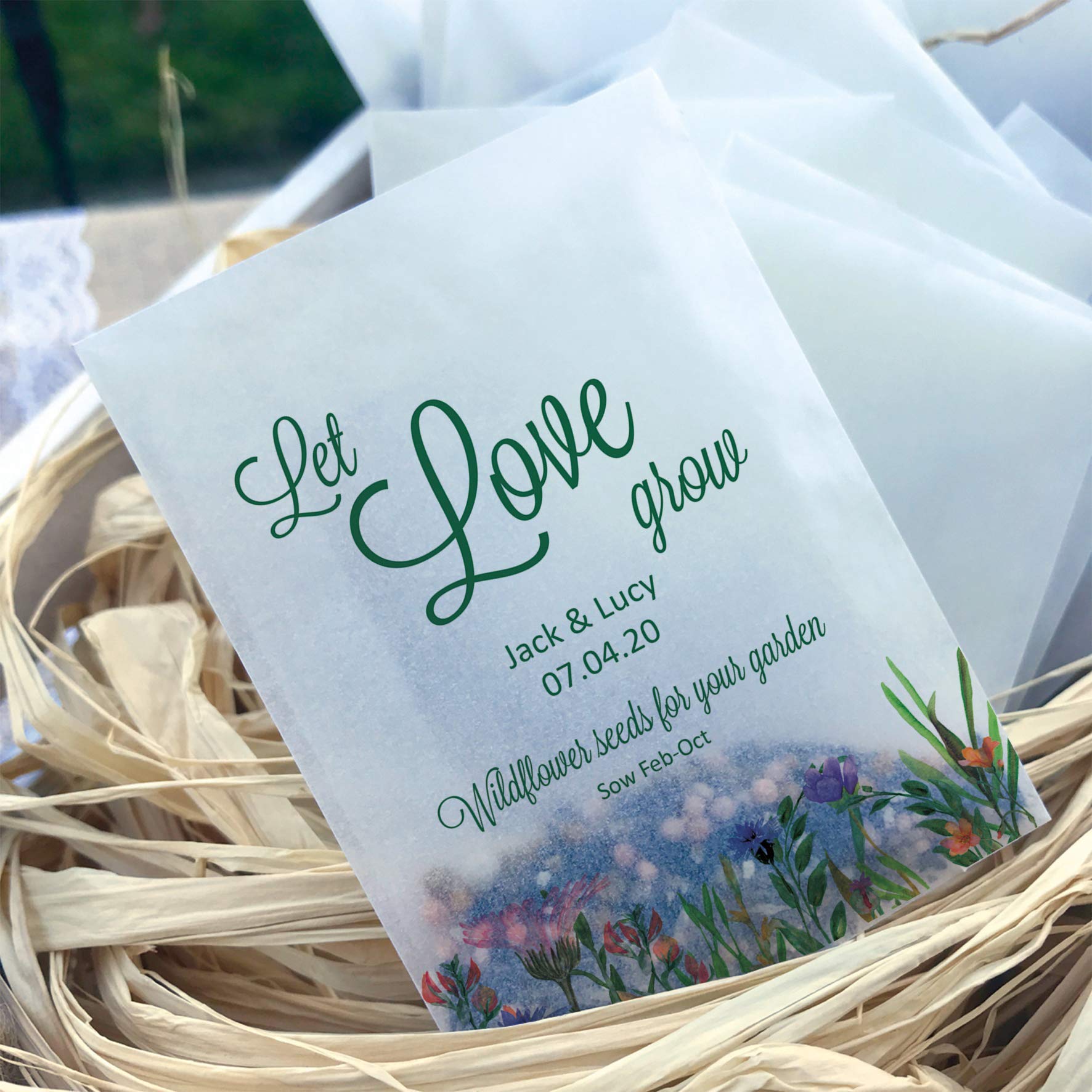 Eco-friendly glassine wedding favour seed bags different sizes - Let love grow biodegradable favour bags