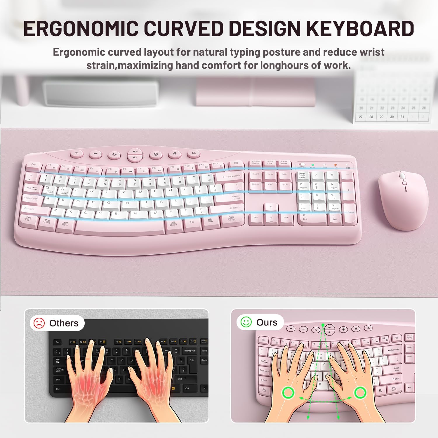 Wireless Keyboard and Mouse Combo,2.4G Full Size Ergonomic Curved Silent Keyboard with Fn Multimedia Keys for Office and Home, 3-DPI Quiet Mouse for Windows,Mac OS Desktop/Laptop/PC (Light Pink-B) 4 71ZOZYVCzML. AC SL1500