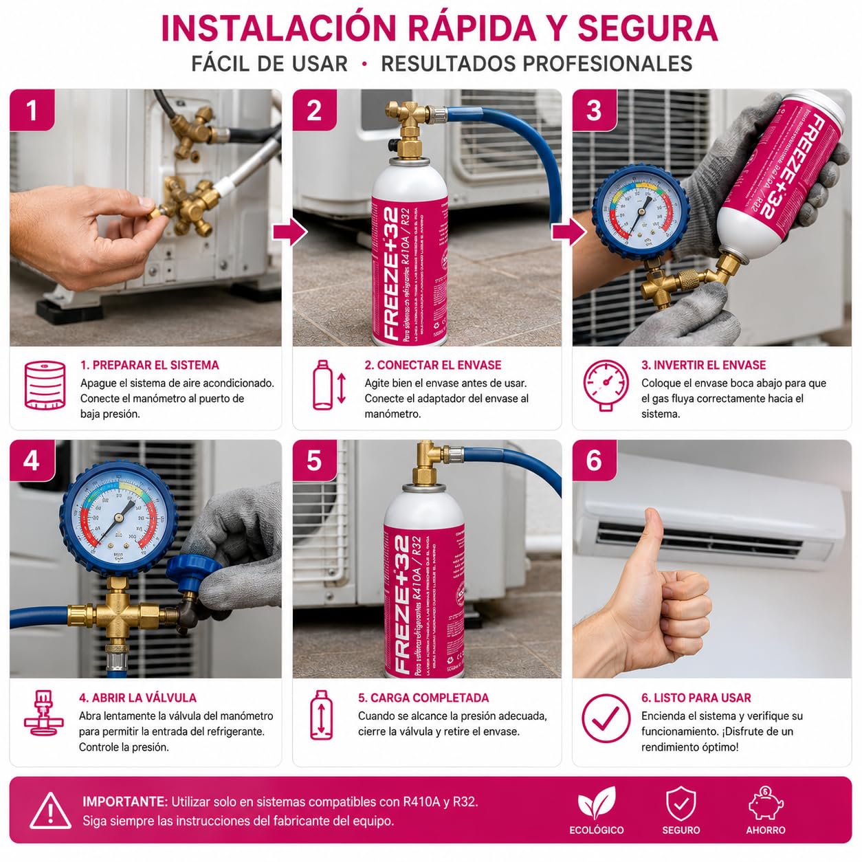 CABLEPELADO – Gas Sustituto Refrigerante Freeze+32 | Solución de Mantenimiento para Aire Acondicionado Orgánica para Sistemas R410A y R32 | Envase de 1000 ml | Alta Eficiencia