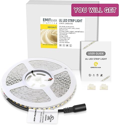 Miniatura 8 de EMITEVER Tira de luces LED de color blanco neutro, cinta LED de 4000 K, 24 V, 16.4 pies, certificación UL, Ra 95+, IP30, 2.9 Wft, 240 lúmenespie,