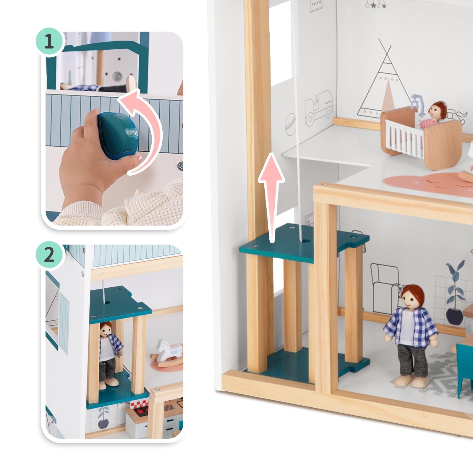 OOOK Maison de Poupée en Bois avec Ascenseur, Maison Poupée à Partir 3 Ans | Grande Maison de Poupée pour Filles et Garçons à 3 étages, Comprenant 21 Meubles, 4 Poupées Familiales et un Chien