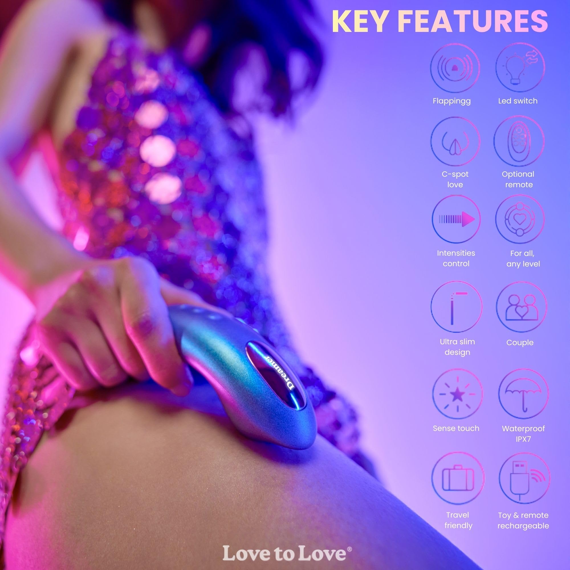 Love to Love Dreamer stimolatore clitorideo – ultra sottile con Flapping Design, modalità Sense Touch, telecomandato, LED, ricaricabile, impermeabile IPX7
