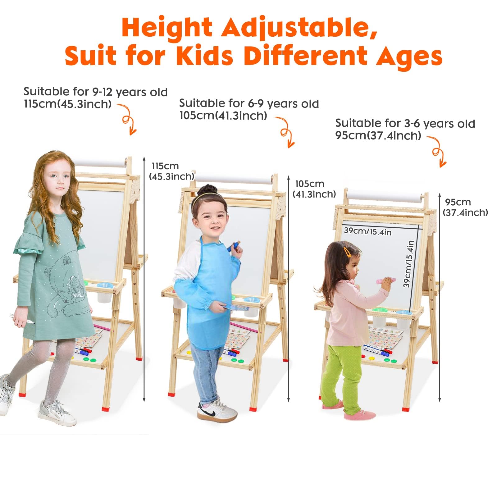 Lavagna per Bambini 3 in 1 Cavalletto in Legno Pittura in Regolabile Altezza, Lavagna Doppia Faccia, Lavagnas Multiattività con Rotolo di Carta, Numeri e Altri Accessori, Giocattolo Educativo 3+ Anni