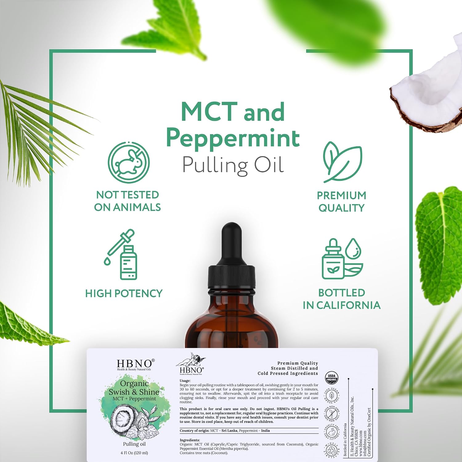 HBNO Organic MCT Oil Pulling Peppermint - Huge 4 oz (120ml) Value Size - Ideal for Everyday use as a Mouth freshener