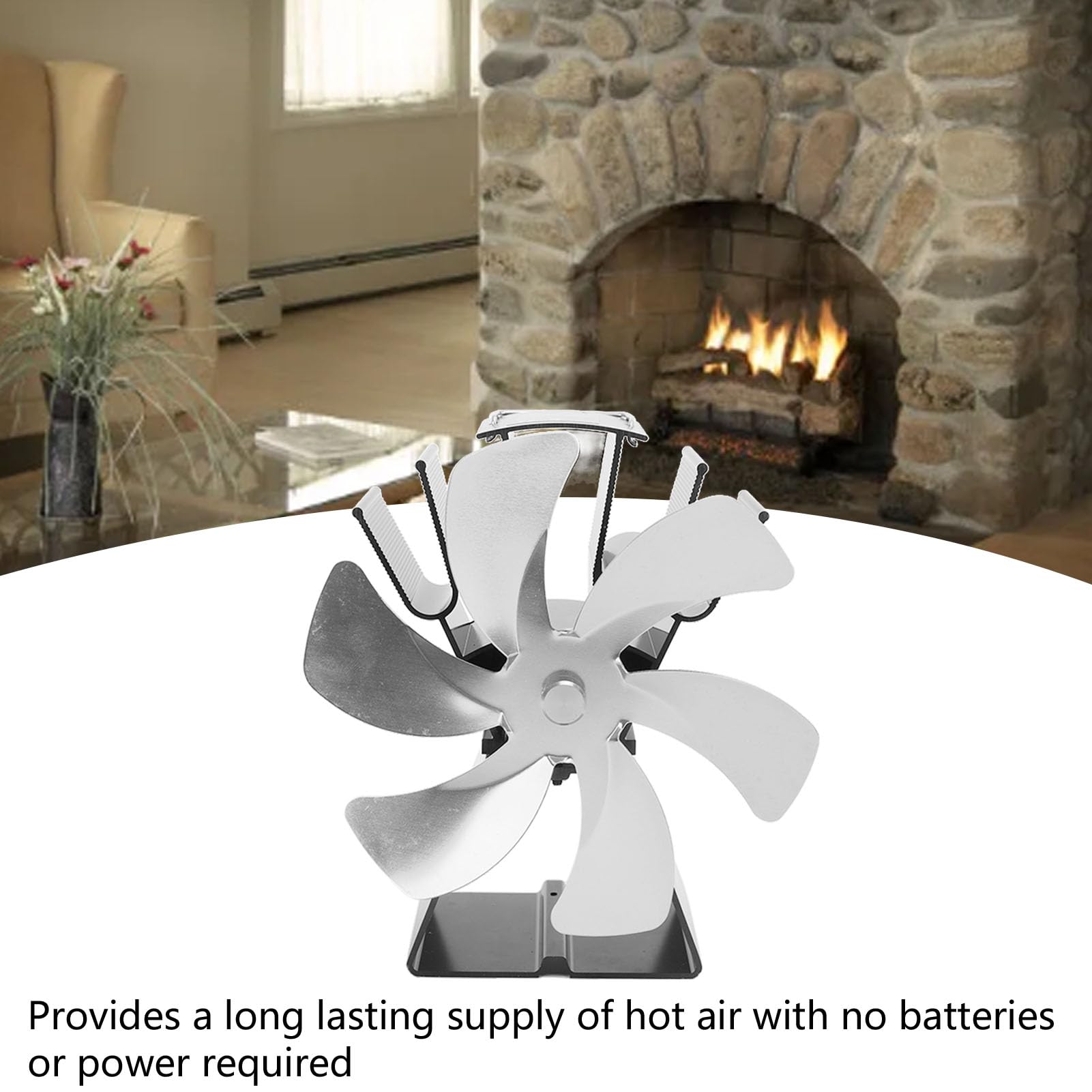 Ventilatore per Stufa Alimentato a Calore, Ventilatore per Stufa a Legna a 6 Pale in Lega di Alluminio, per Camino a Controllo Manuale, Design Unico Azionato Dal per Stufe a Legna (SILVER)
