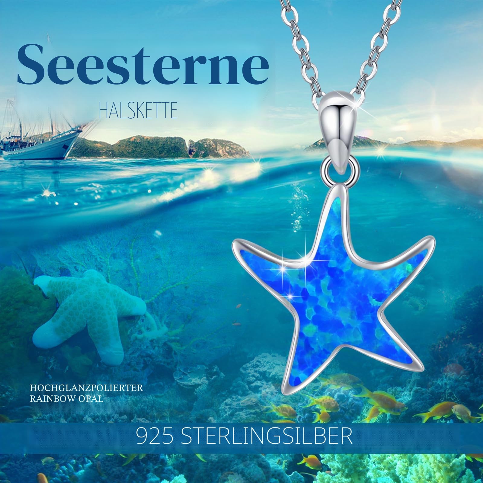 Seestern Halskette Damen, 925 Sterling Silber Seestern Opal Kette,Tier Anhänger Opal Seestern Schmuck Muttertags Geschenke Valentinstag für Mädchen Frauen Kinder Mama Frau Freundin
