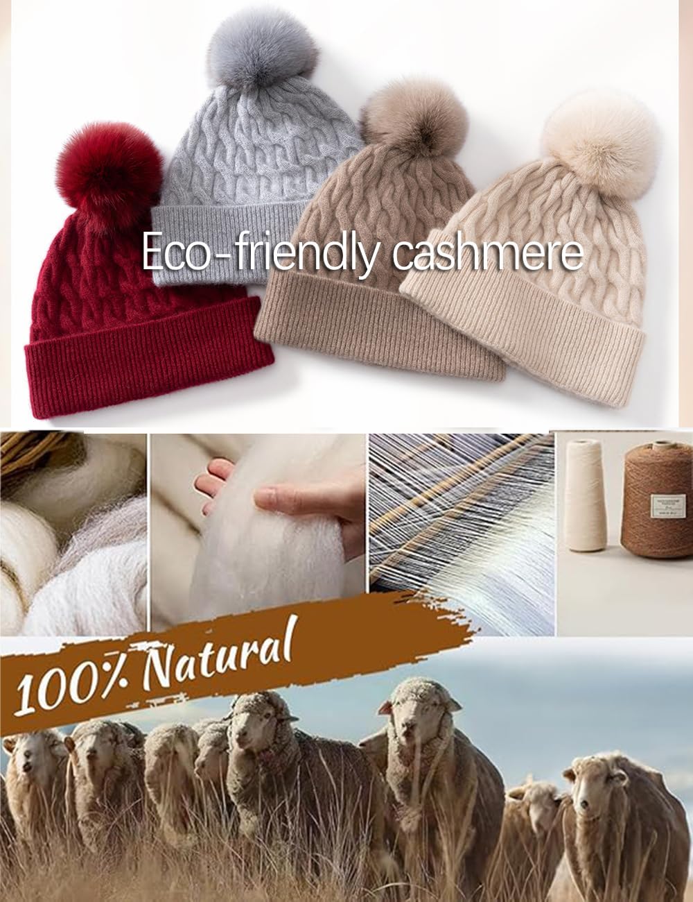 Women's 100% Pure Cashmere Cable Knit Hat; 2-ply Yarn Super Soft; Cuffed,with Pom SL-8009