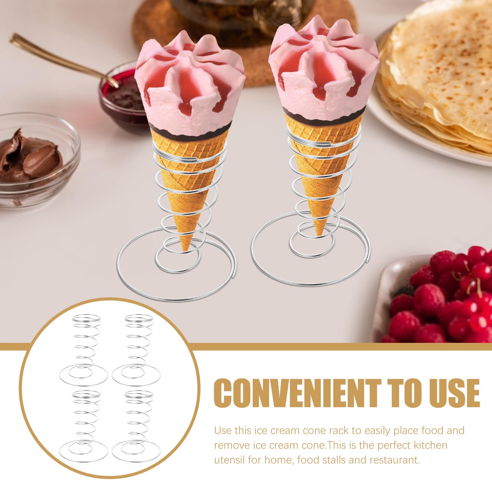 ULTECHNOVO Ornament - Soporte de metal para conos de helado (4 unidades, acero inoxidable, forma espiral, para helados, aperitivos, patatas fritas, pinzas de metal