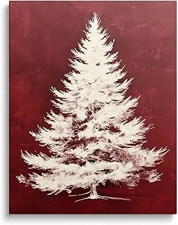Minimalist Christmas Tree Canvas Wall Art, Red Background Snowy Tree Pri...