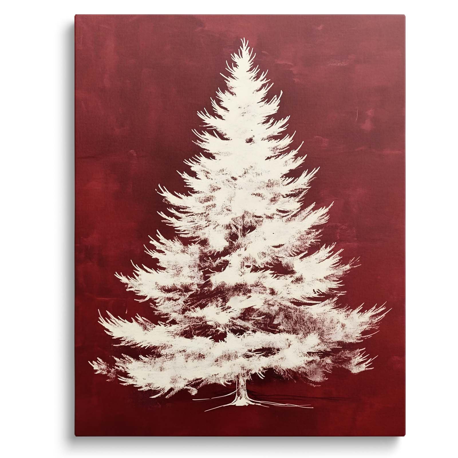 Minimalist Christmas Tree Canvas Wall Art, Red Background Snowy Tree Print, Nostalgic Farmhouse Winter Decor, Country Holiday Scene, Cozy Wall Artwork