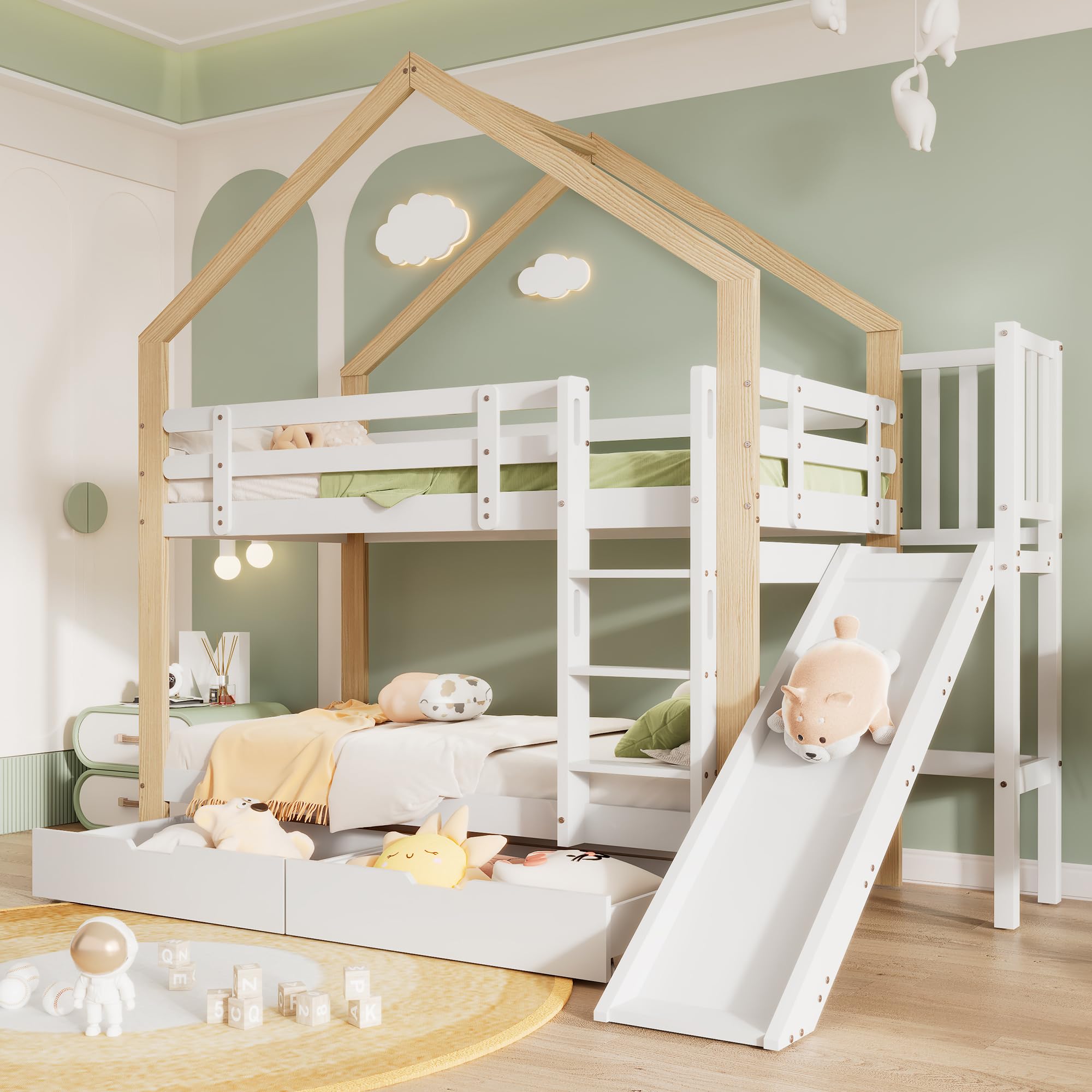 Litera con tobogán y escalera angular de tres niveles, cama con protección contra caídas, cuna, marco de cama de madera maciza, color blanco y natural, 90 x 200 cm (con 2 cajones)