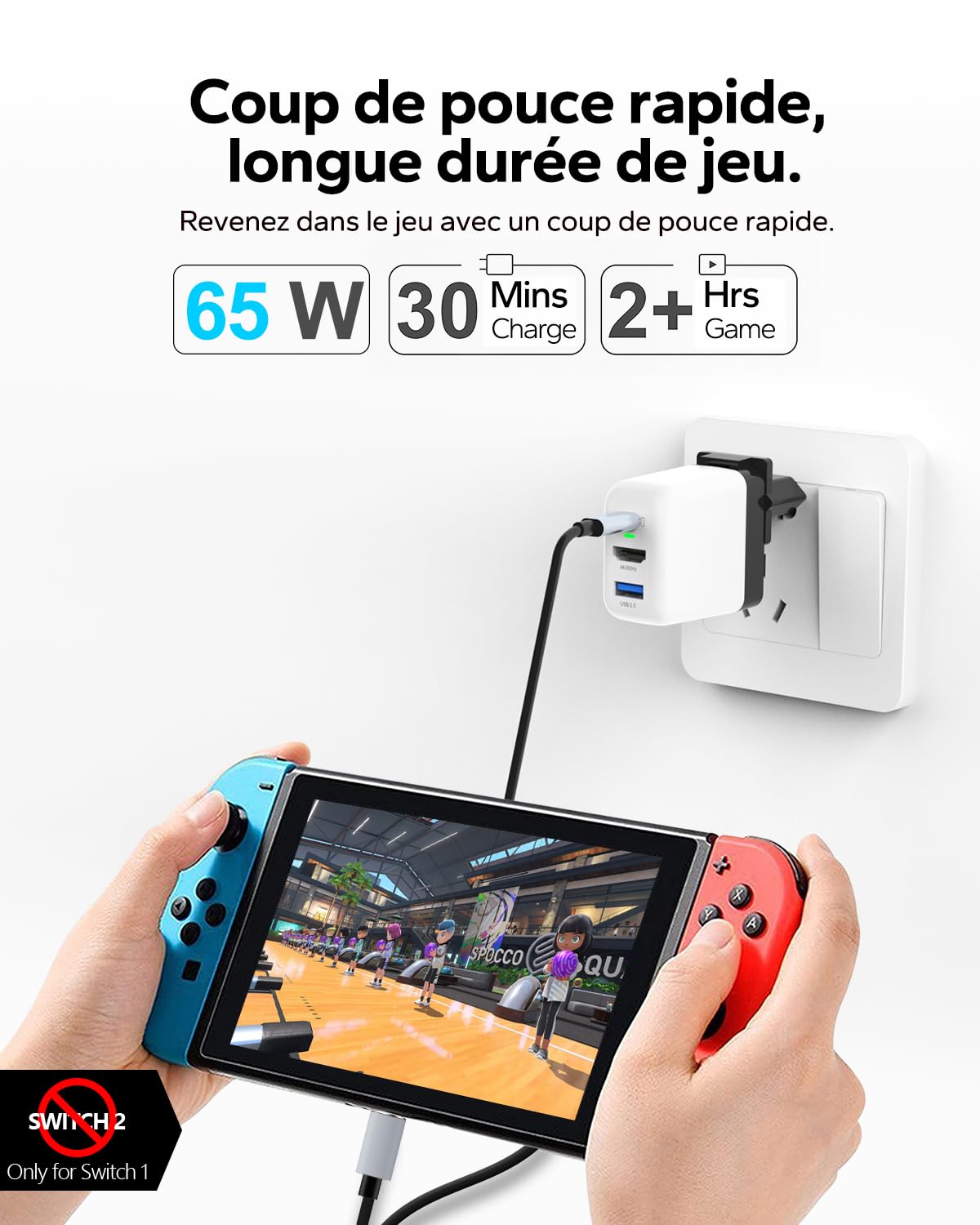 Station d'accueil 65W pour Nintendo Switch OLED/Steam Deck, mini bloc GaN 3 ports (USB-C+USB-A+4K/HD), portable compatible Switch/Steam Deck/Rog