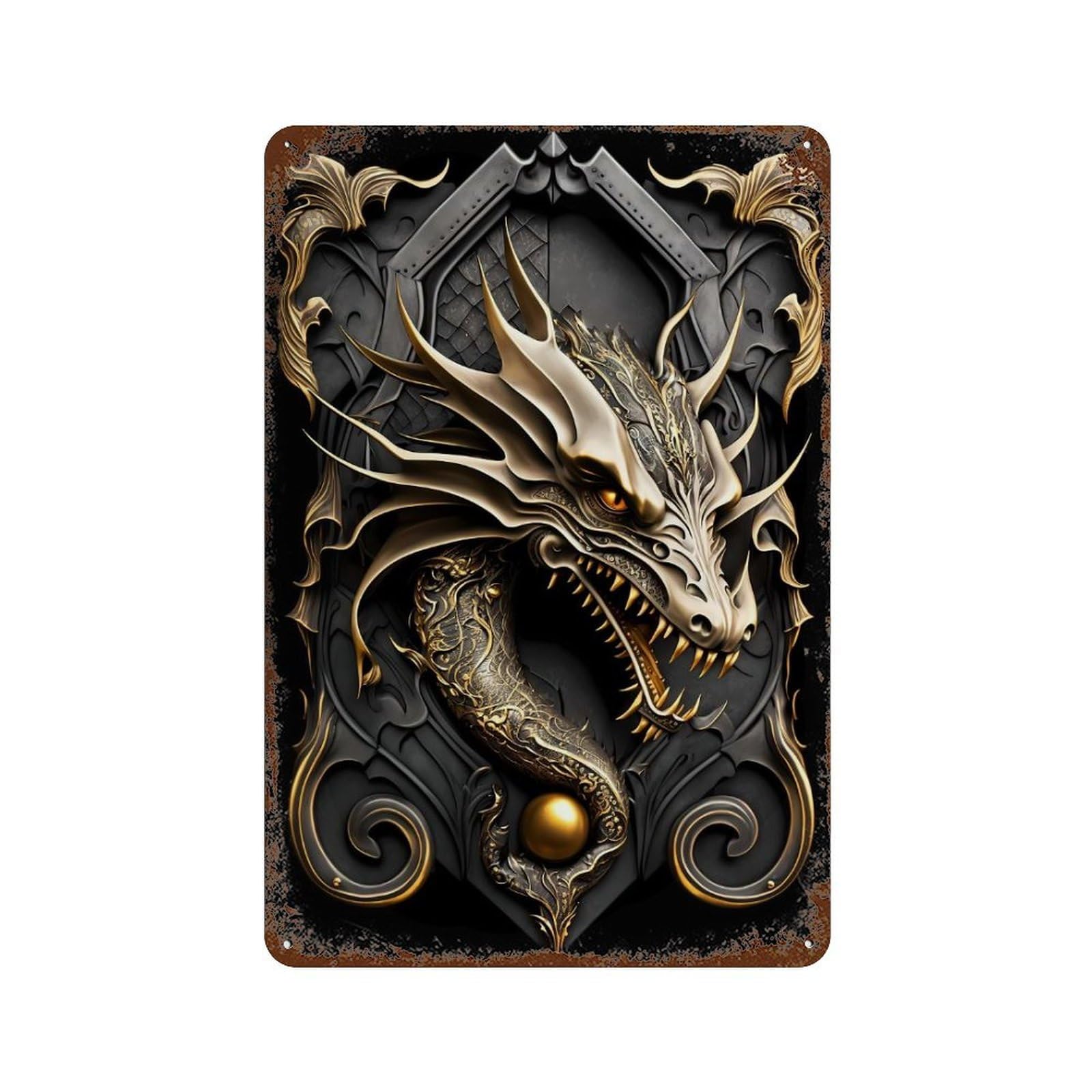 Dragon Zodiac Reverie 11.8"x7.9" Vintage Rust Metal Sign, Novelty Wall Decor for Living Room, Hallway And Home Decor