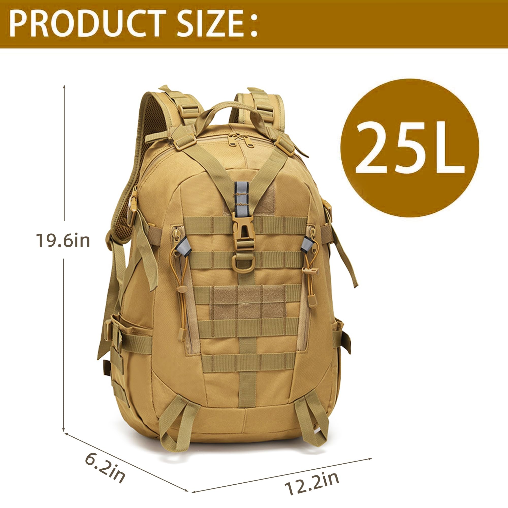 Mochila táctica, 25L/35L/45L/55L Mochila militar para camping, senderismo, caza con sistema Molle Army Daypack, 25L Caqui, Mochilas Daypack 2