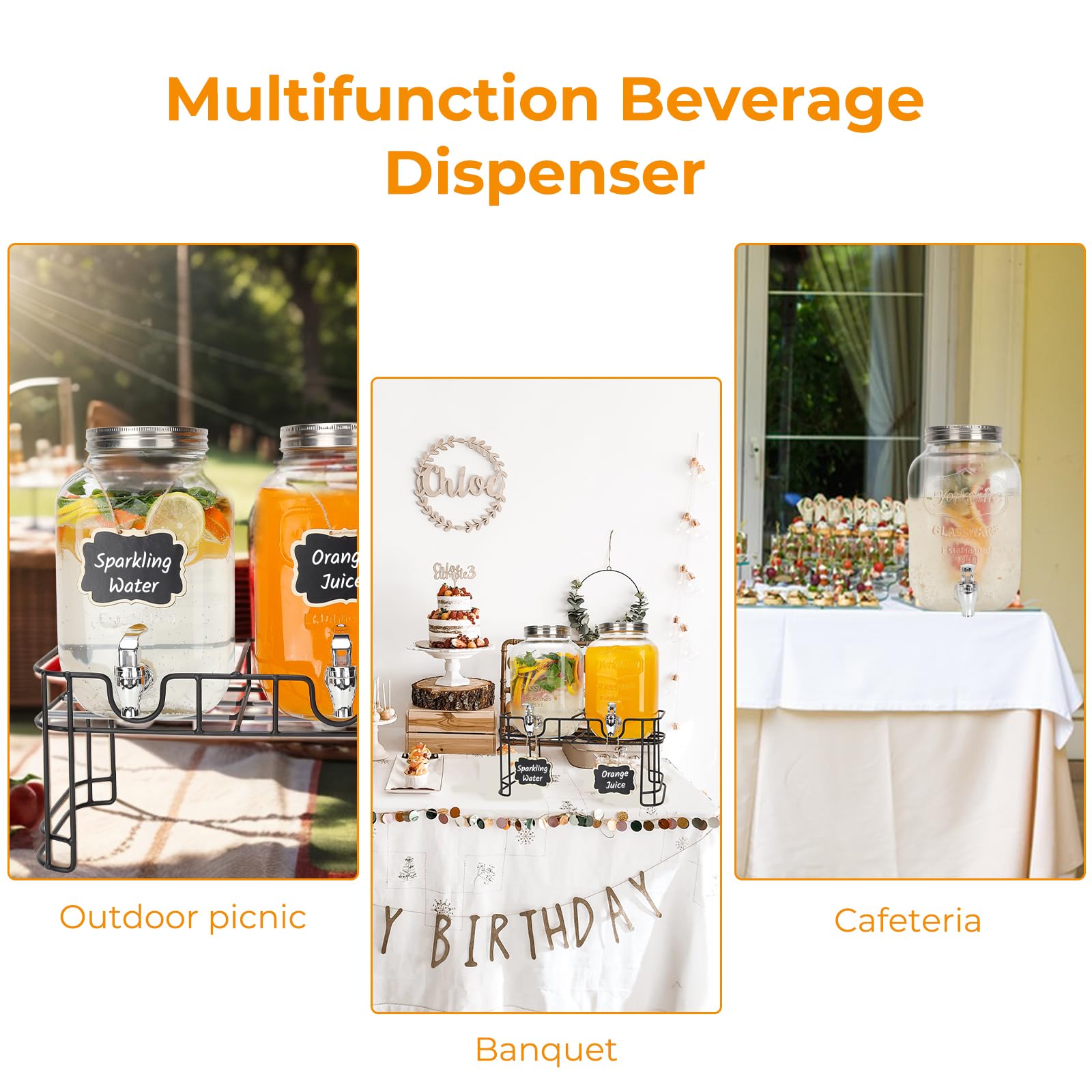 Dispensadores de bebidas de vidrio de 1 galón, paquete de 2 dispensadores de bebidas transparentes con soporte y espiga para fiestas, dispensador de bebidas con núcleo de hielo y calcomanía