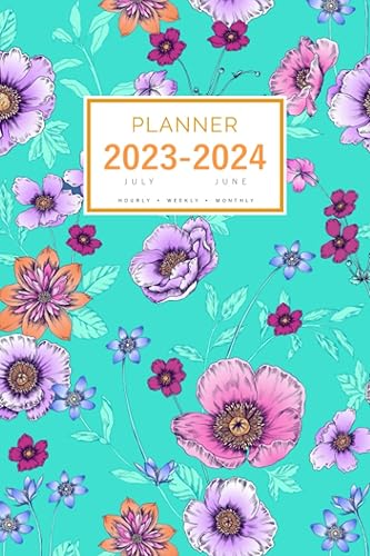 Planner July 2023-2024 June: 6x9 Medium Notebook Organizer with Hourly Time Slots | Beautiful Flower Garden Design Turquoise Tapa blanda – 10