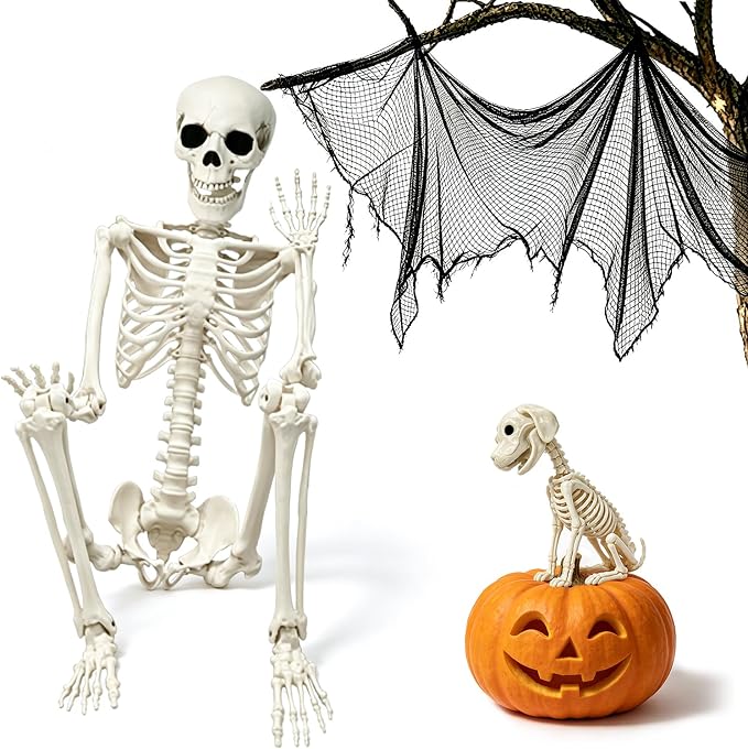 LUKBERA 5.9ft Posable Halloween Life Size Skeleton with Dog & Creepy Cloth