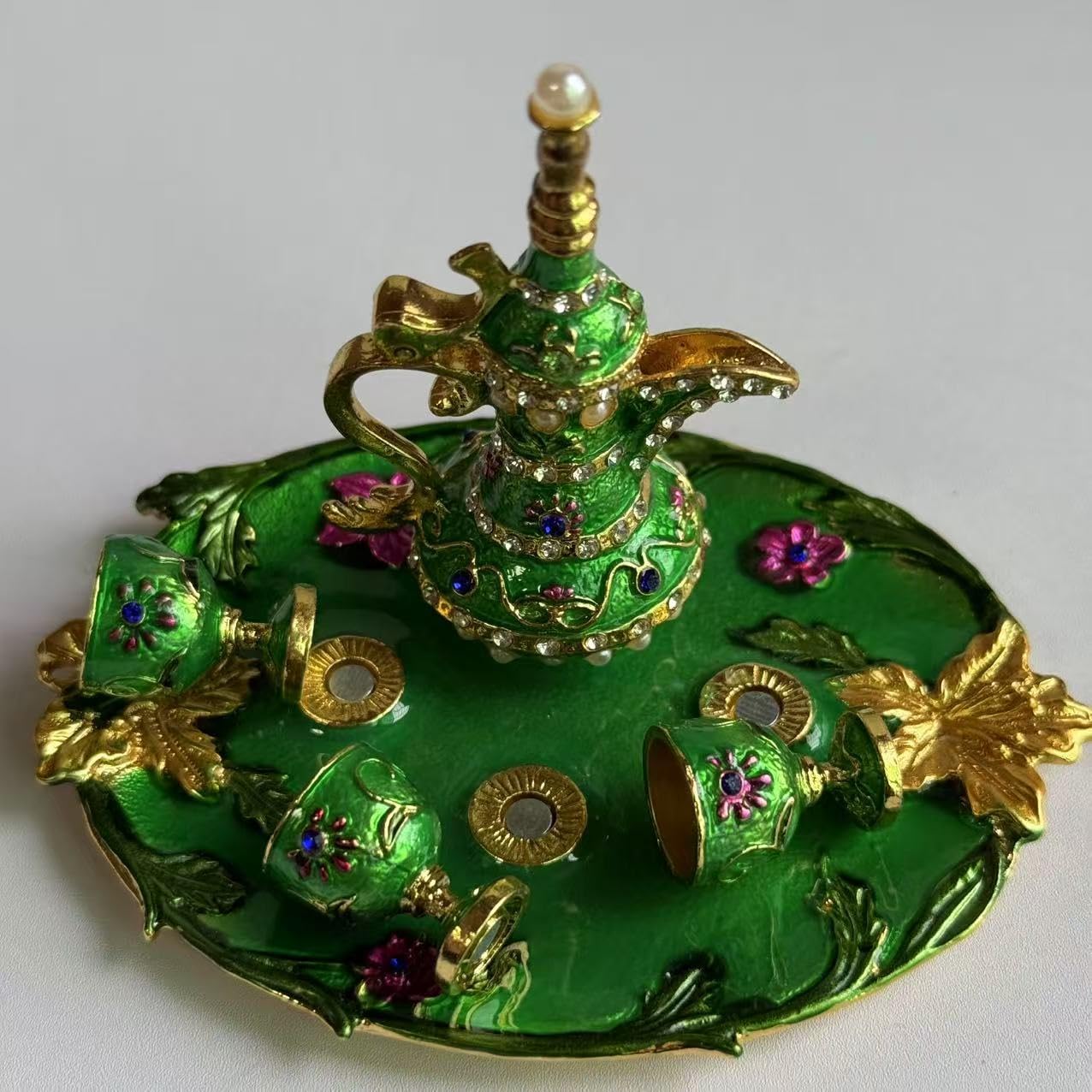 Arabic decorative magnetic tea set teapot and 4 cups, blue enamel with gold accents, pink floral design (green) image 2
