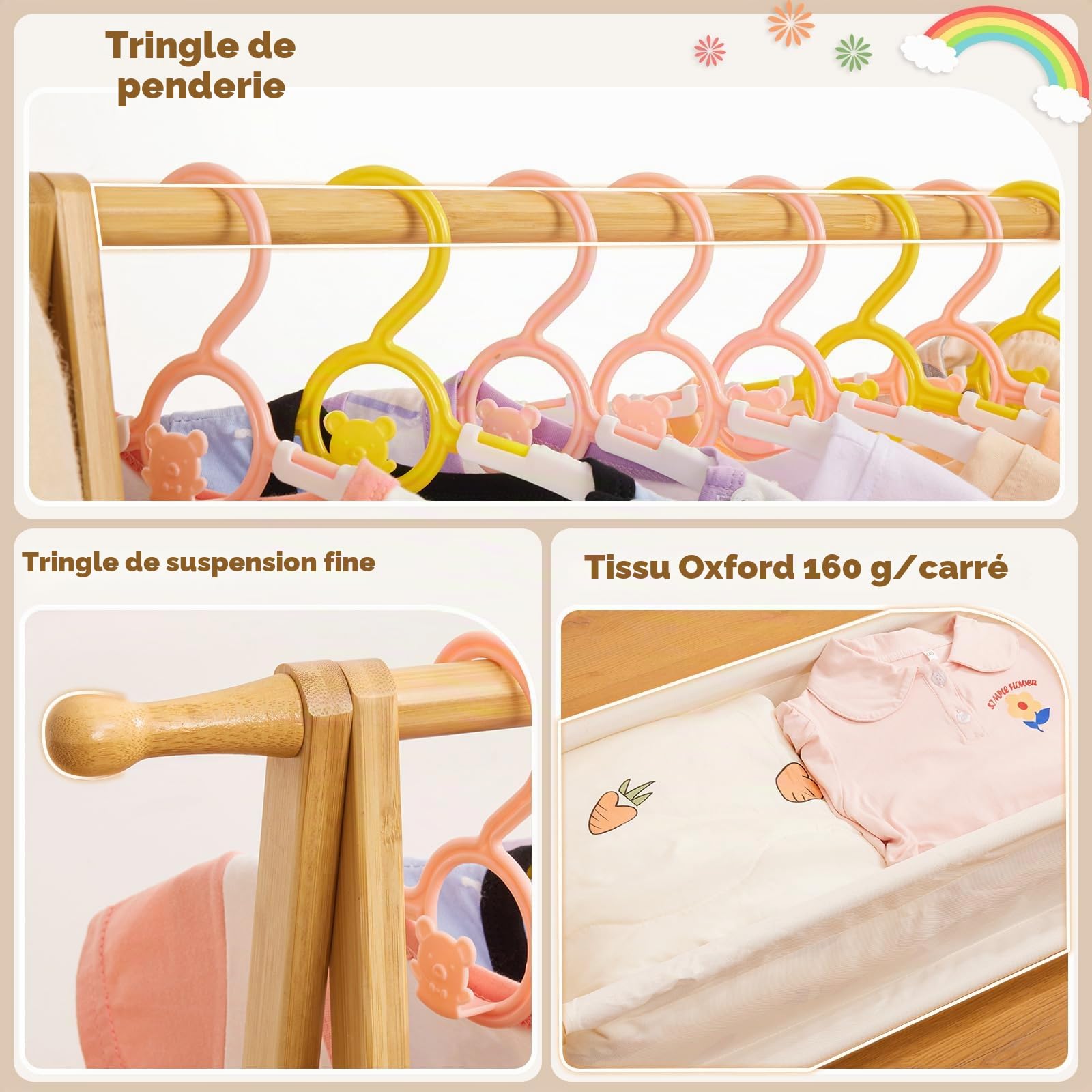 Yorbay Porte-vêtements pour enfants bambou pliable avec boîte de rangement et tringles
