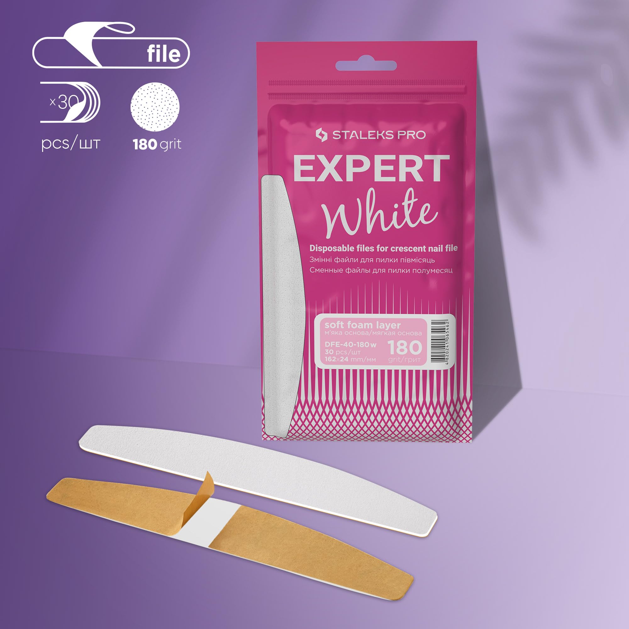 STALEKS PRO Lot de 30 limes à ongles avec base souple en mousse, adhésifs jetables blancs en forme de croissant - Expert 40 - Grain 180