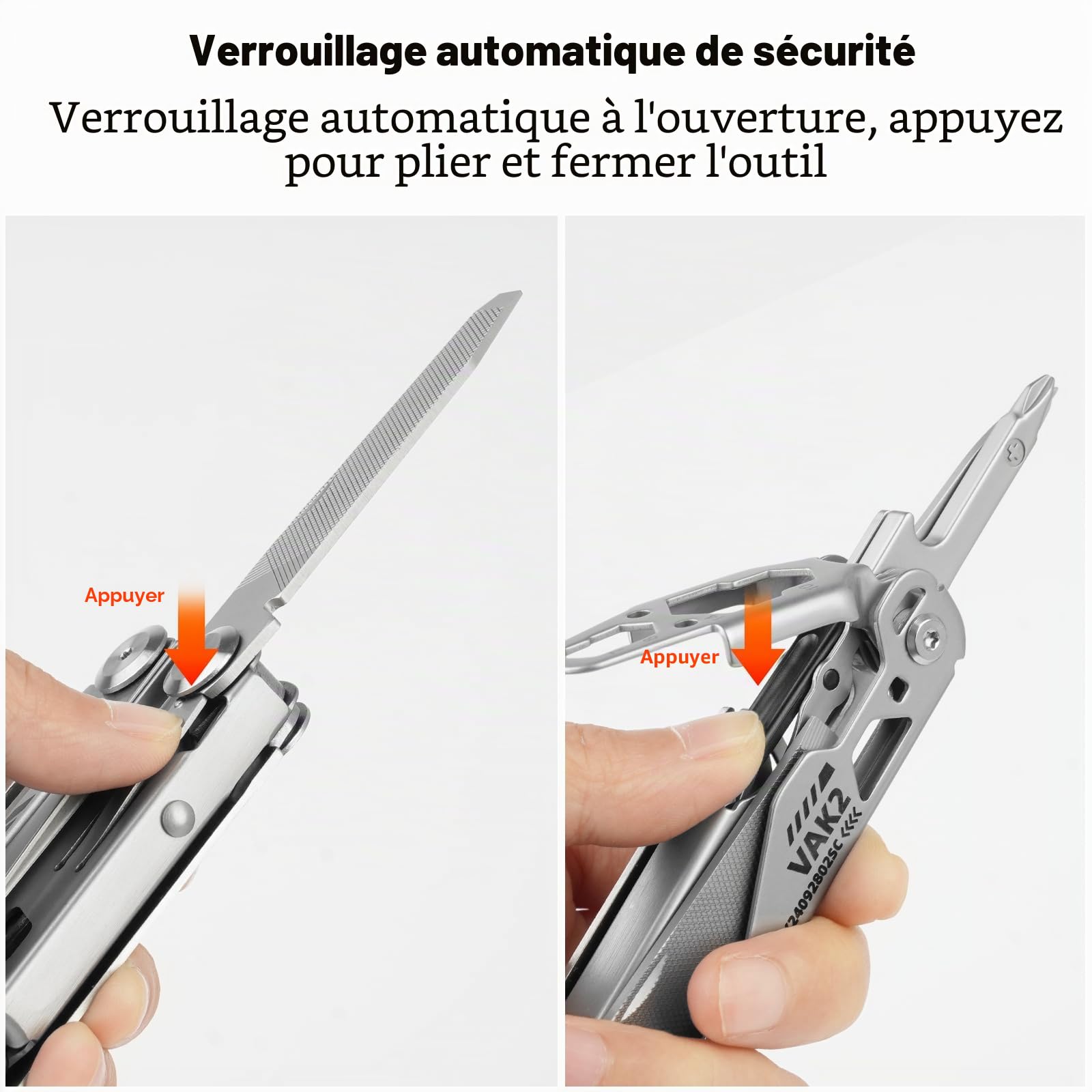 VIPERADE VAK2 EDC Multitool, Pince multifonction 20 en 1 en acier inoxydable, Couteau de poche avec verrouillage automatique, Multitools pliables et robustes avec ciseaux pour randonnée, camping