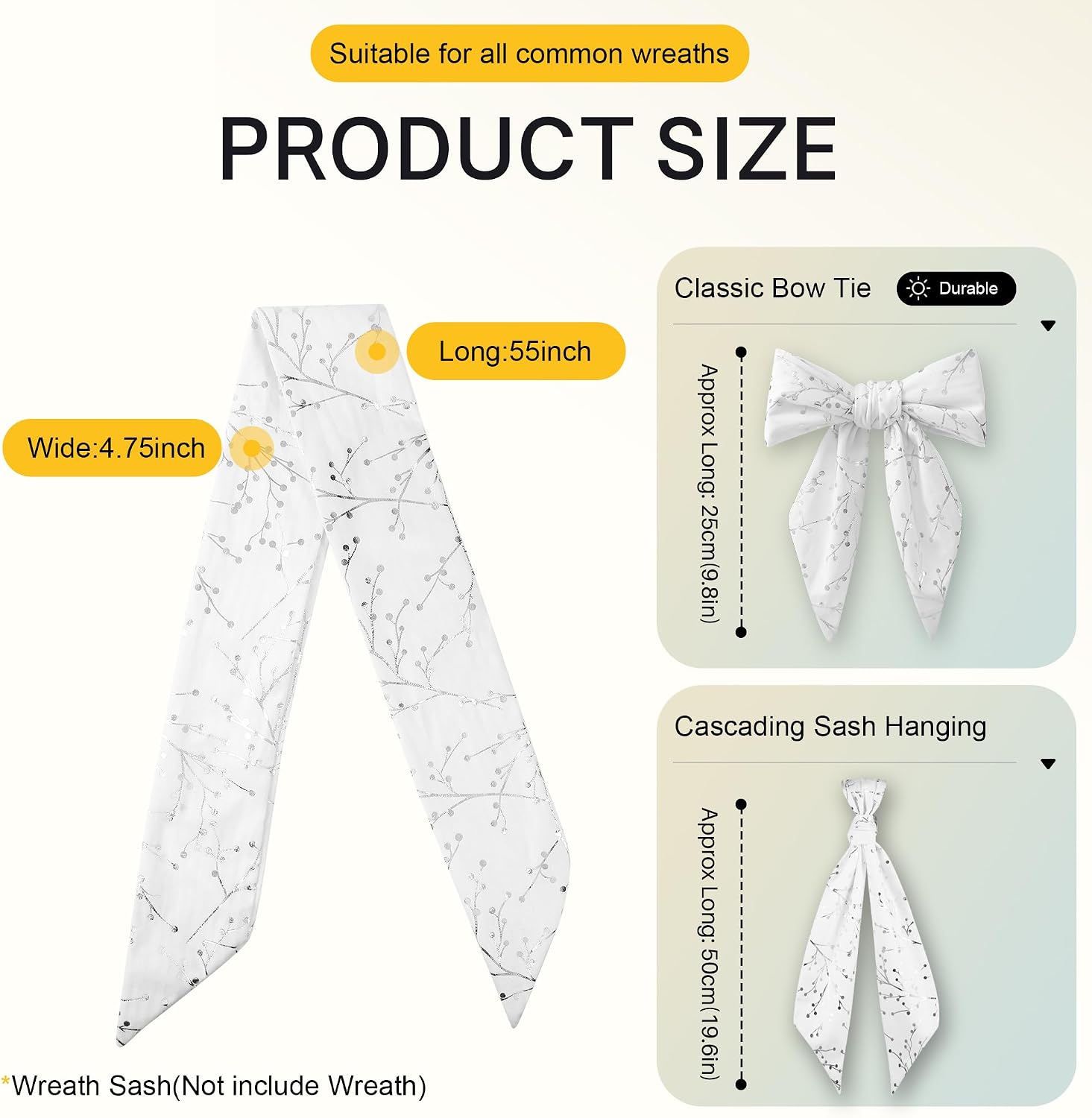 Velvet Wreath Sash for Front Door Decor, 2-Pack, 55", White Silver