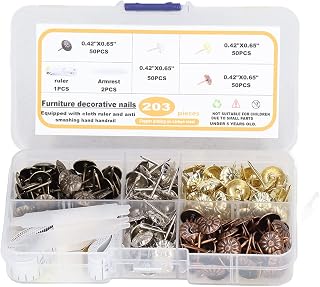 200 Pcs Furniture Tacks | Carbon Steel Decorative Nails for Sofa/Bed/Wooden Box | 4 Colors & Cloth Ruler with Smash - Proof Armrest | DIY Upholstery Nail Pins (Chrysanthemum Pattern)