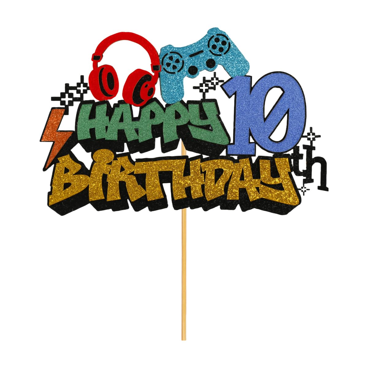 Video Game Cake Topper - Happy Birthday Glitter On Controller Design for Boys Party Supplies, Parper Decoration Picks for Gamer Theme Celebrations (10th)