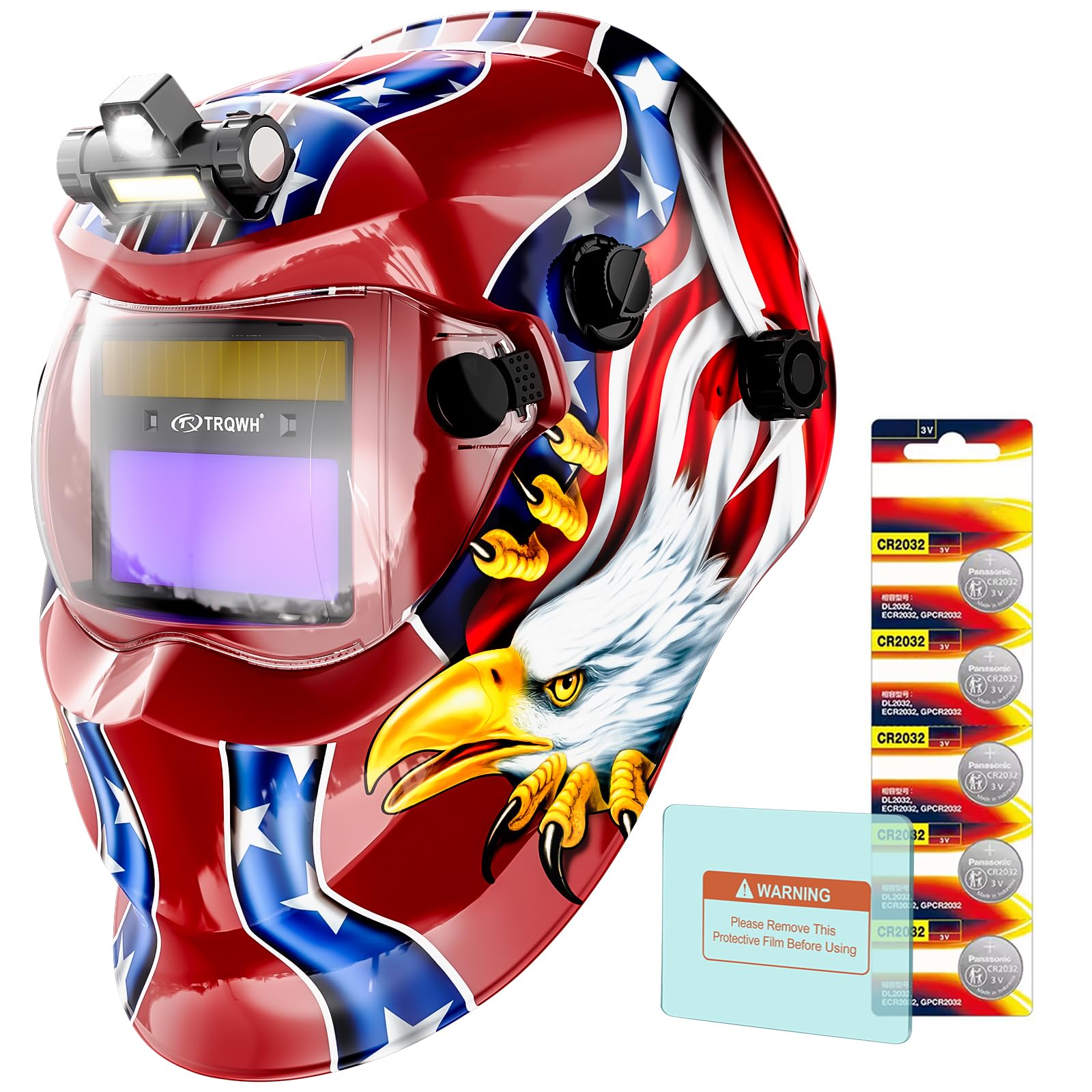 TRQWH Casco per saldatura auto oscurante, con luce solare, cappuccio per saldatura a 2 sensori ad arco, ampia tonalità 9-13, maschera per saldatura con modalità di macinazione extra (Red Eagle)