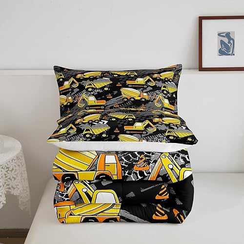 Miniatura 5 de Manfei Juego de edredón de camión para niños, tamaño individual, juego de ropa de cama de tractor de excavadora amarilla, 2 piezas para niños,
